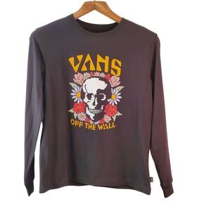 Vans Off The Wall Skull Headliner T-Shirt Women's Large Black Graphic Sleeve New